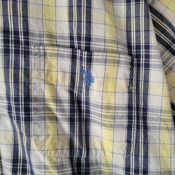 US Polo Assn. Men’s XL Plaid Short-Sleeve Shirt, 100% Cotton, Blue/White/Yellow - Picture 2 of 8